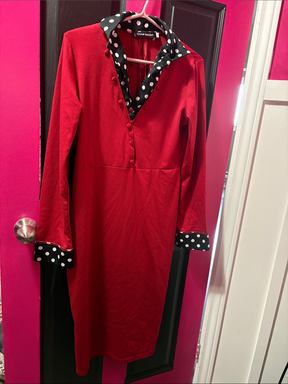 Red Long Sleeve Polka Dot Trim Dress